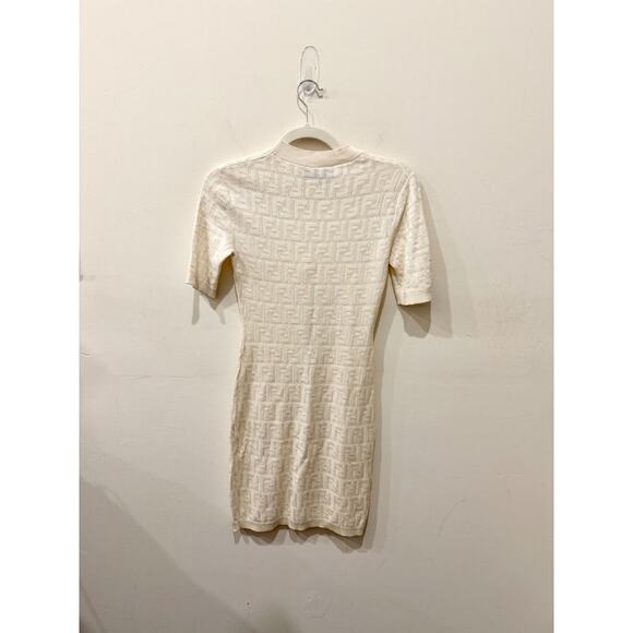 Fendi FF-Jacquard Short Sleeve Knit T-Shirt Mini Dress Cream Womens 42 IT / US 6 - Picture 3 of 7